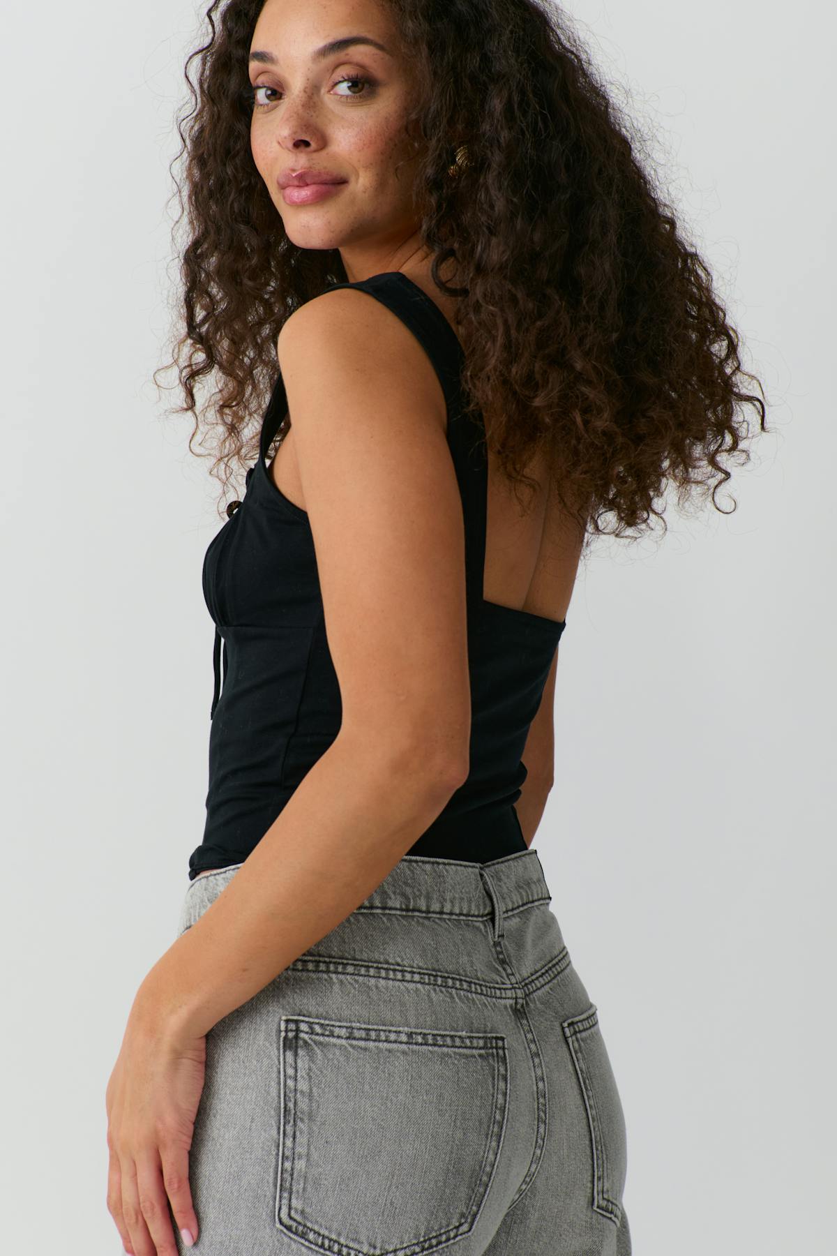 Gathered square neck singlet - Noir