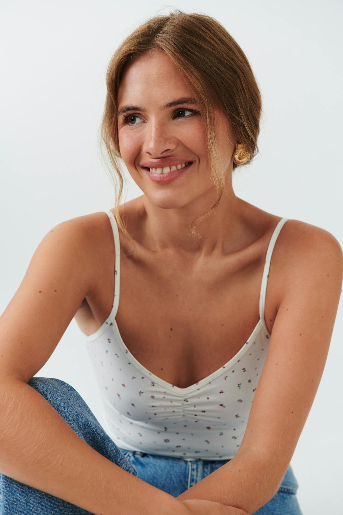 V-neck ruched singlet - Blanc cassé