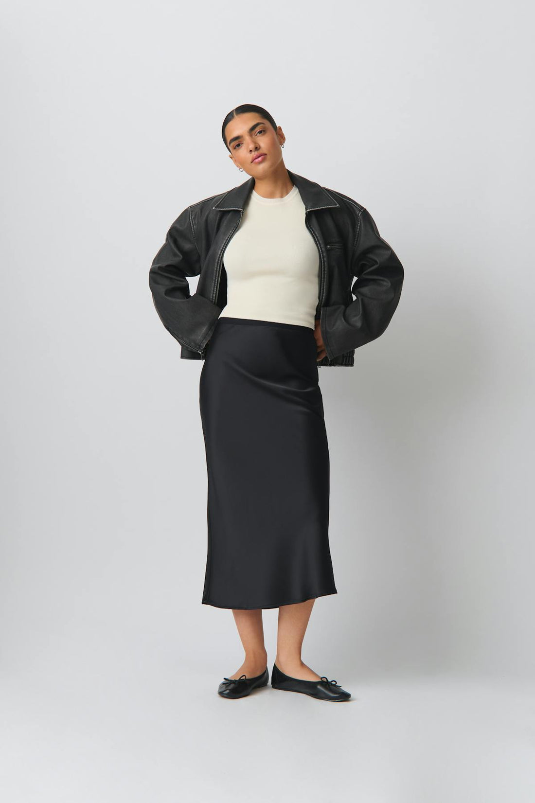 elastic satin midi skirt - Noir