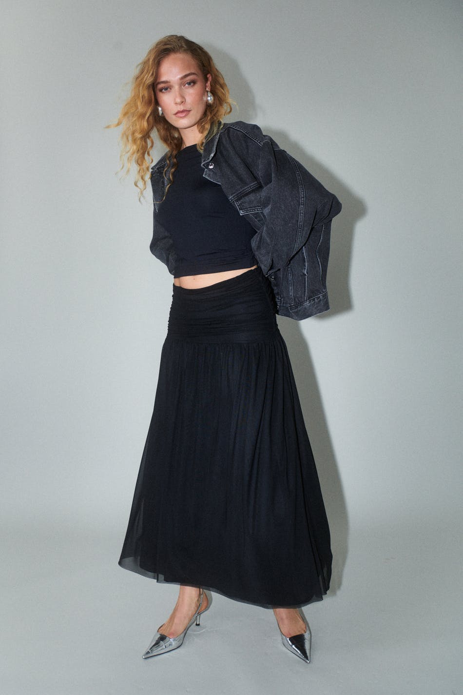 Ruched mesh maxi skirt - Noir
