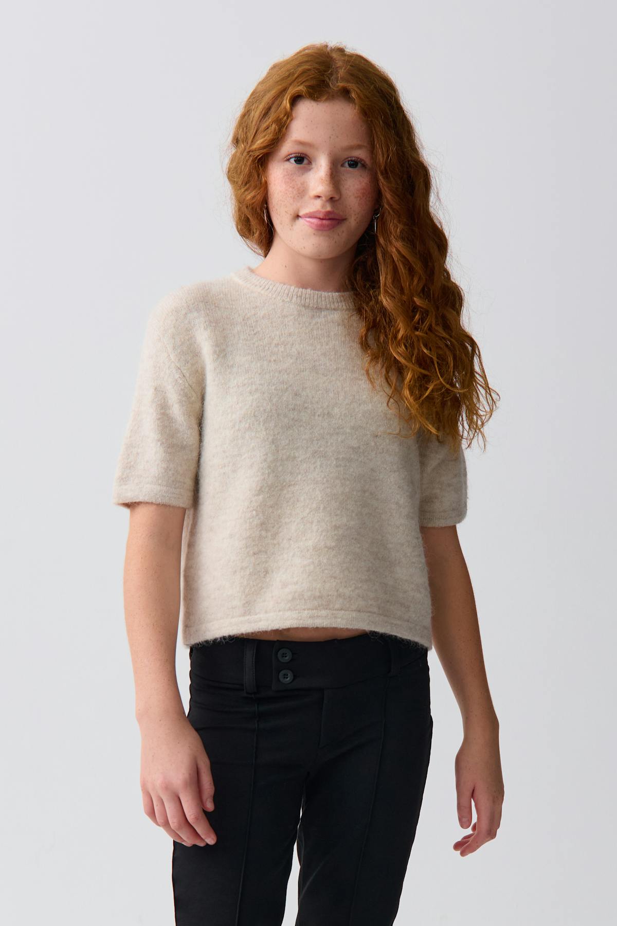 Y kn short sleeve top - Dk grey melange
