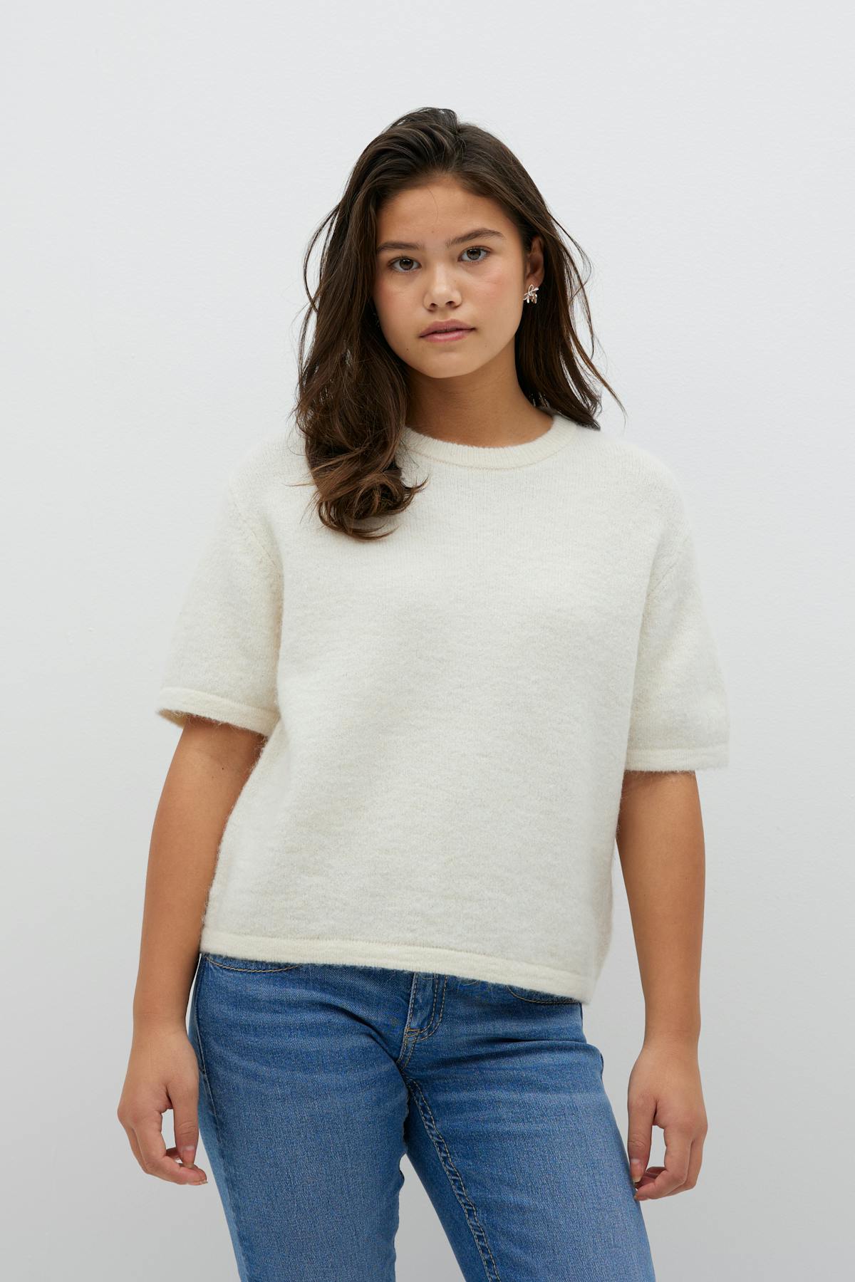 Y kn short sleeve top - Oat melange