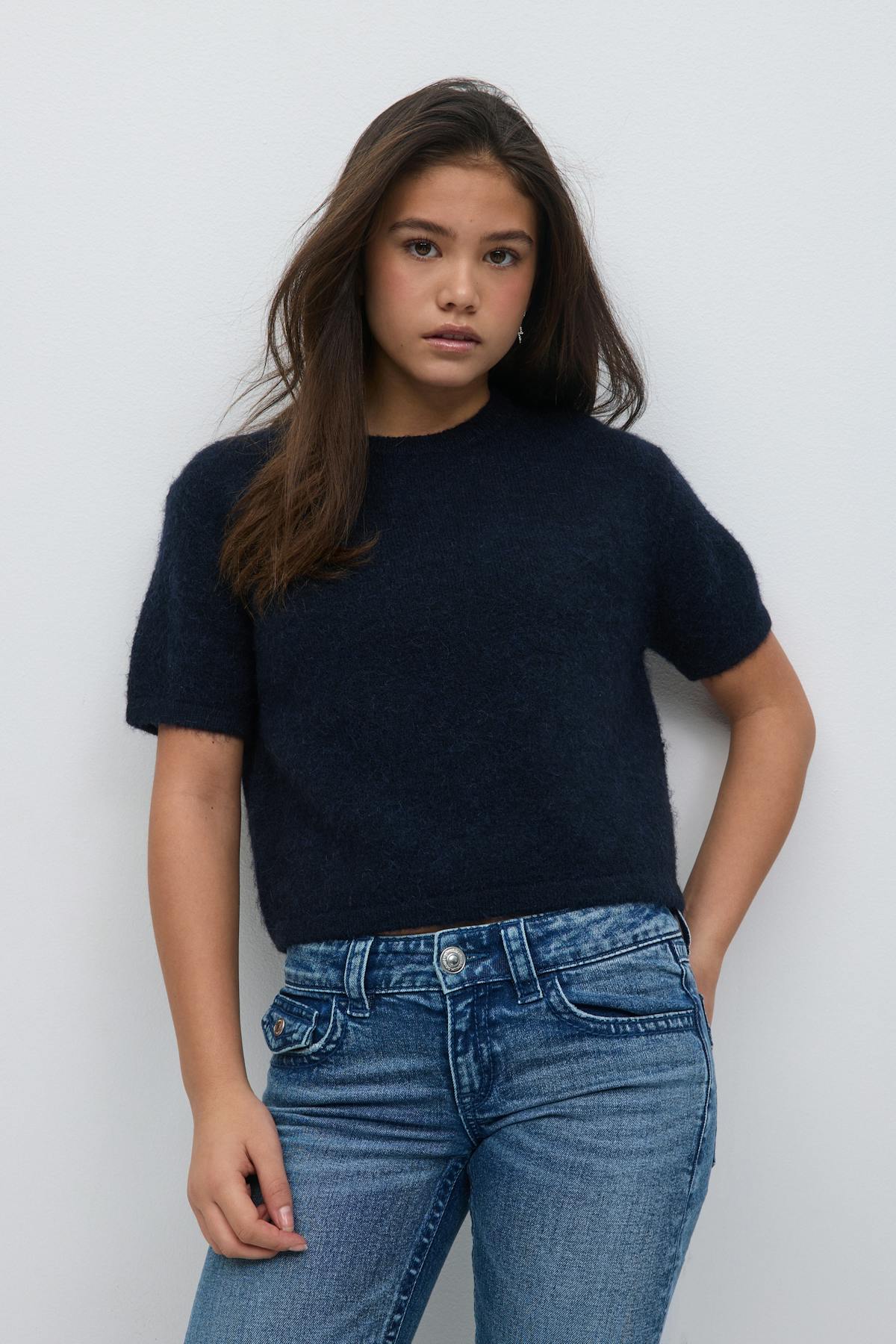 Y kn short sleeve top - Oat melange
