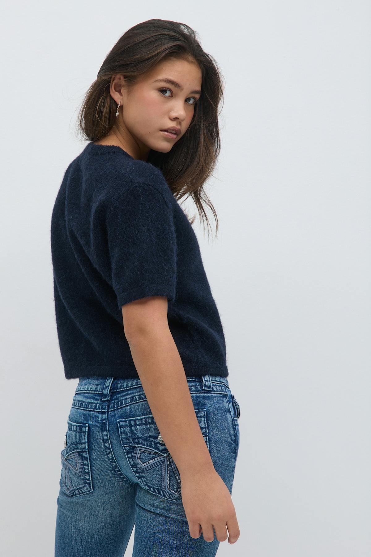 Y kn short sleeve top - Oat melange