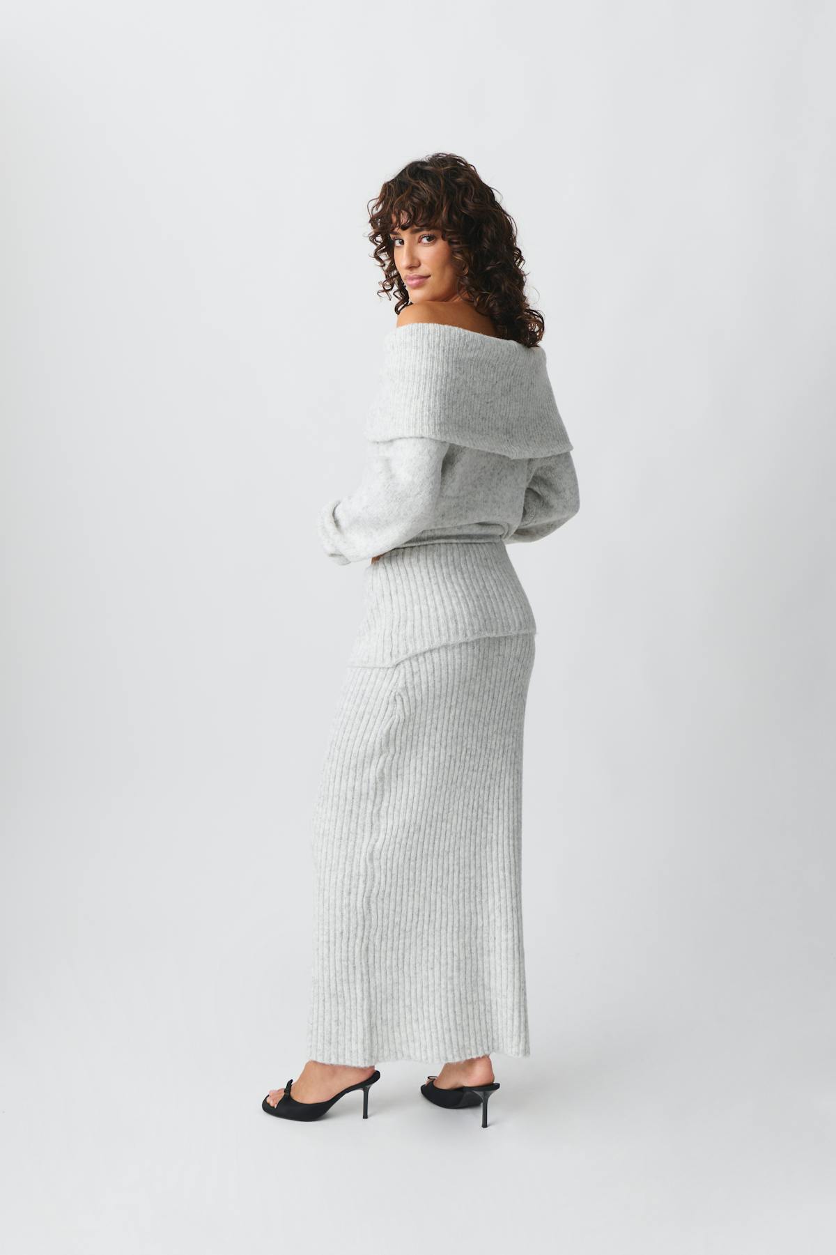 Knitted folded down skirt - Lt grey melange