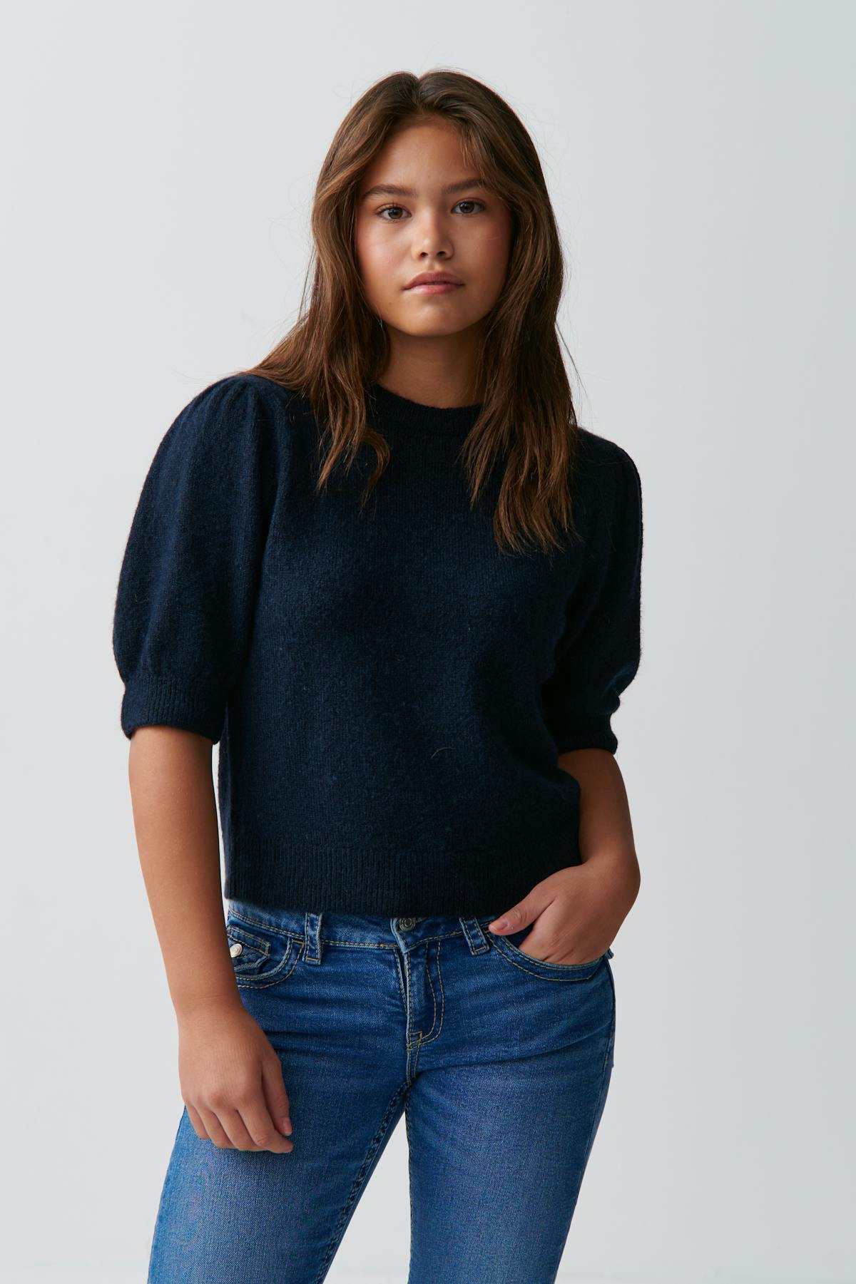 Y kn cropped sleeve top - Navy blazer