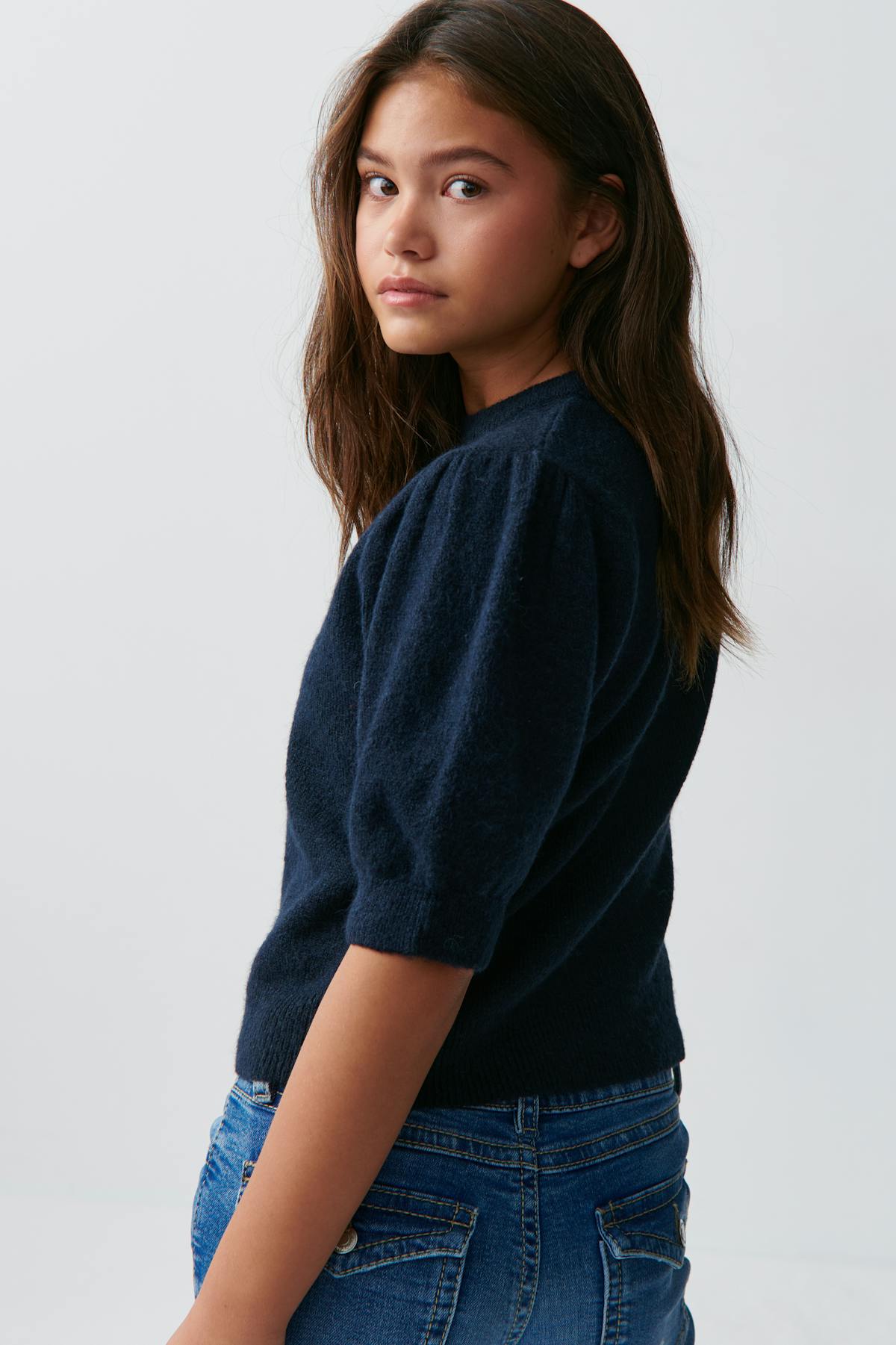 Y kn cropped sleeve top - Navy blazer