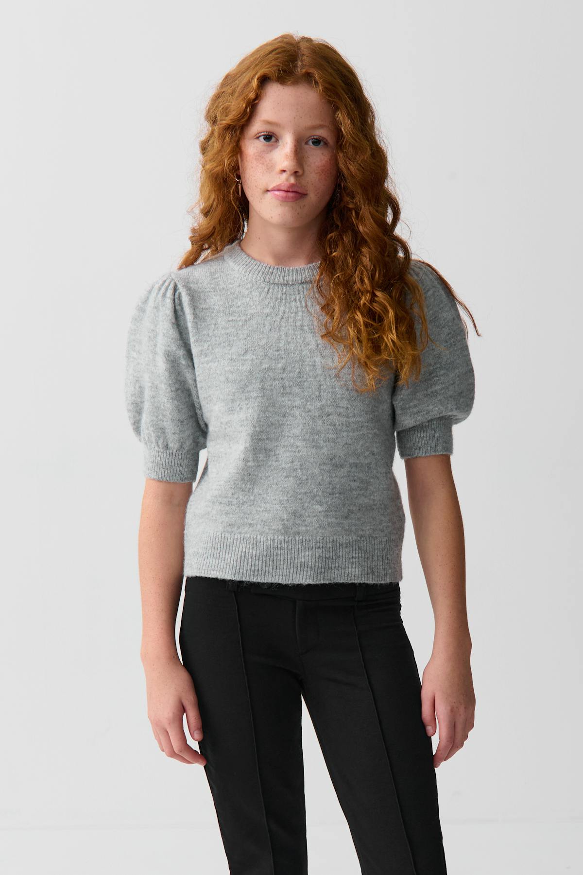 Y kn cropped sleeve top - Lt grey melange