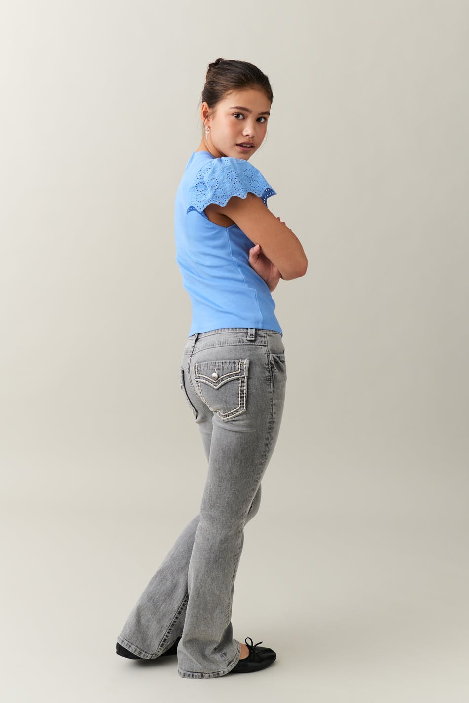 Low boot embroidery jeans - Gris clair