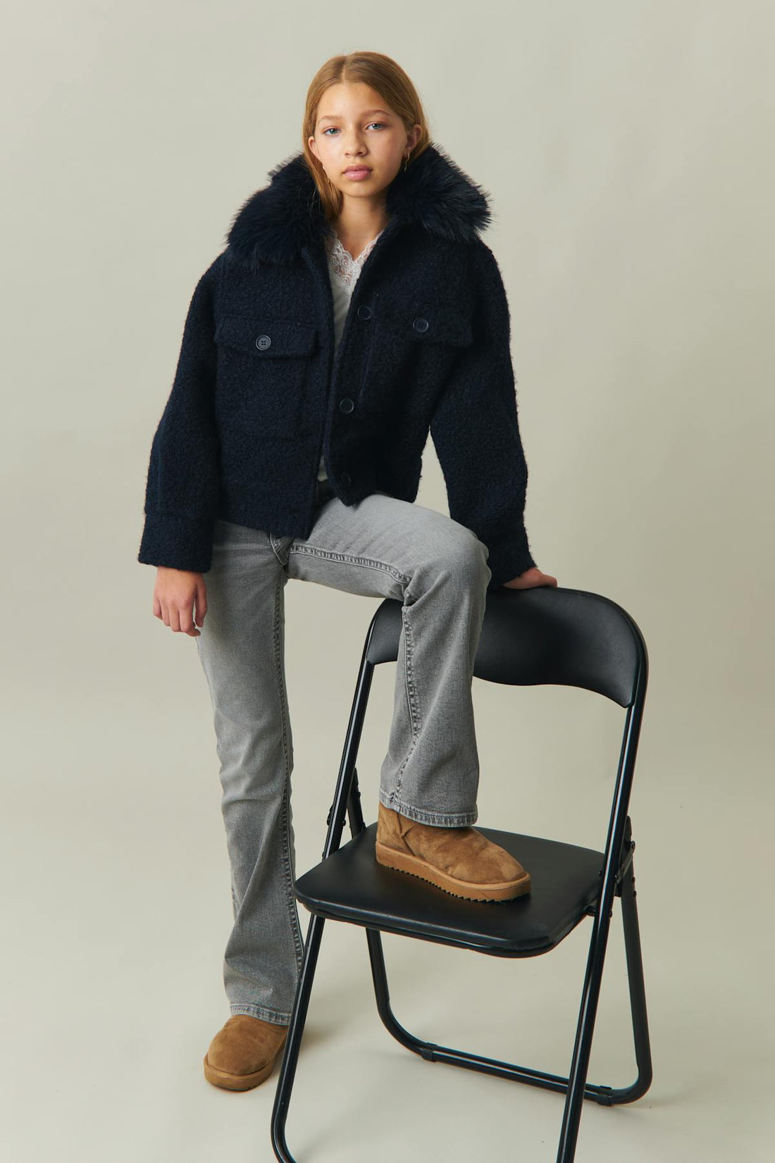Y fur collar jacket - Bleu marine