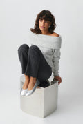 knitted off shoulder sweater - Lt grey melange