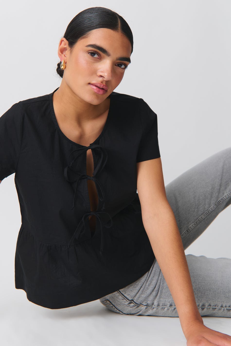 peplum tie blouse - Noir