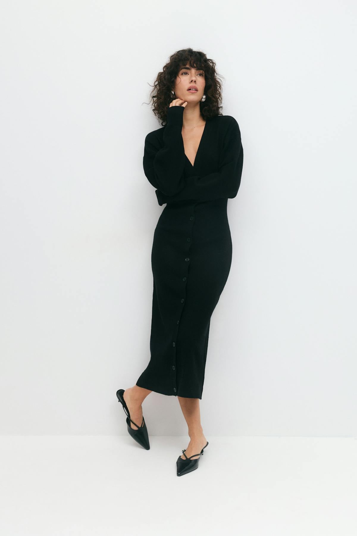 knitted button down dress - Noir