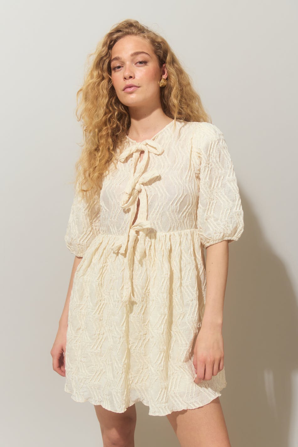 Puff sleeve tie dress - Egret