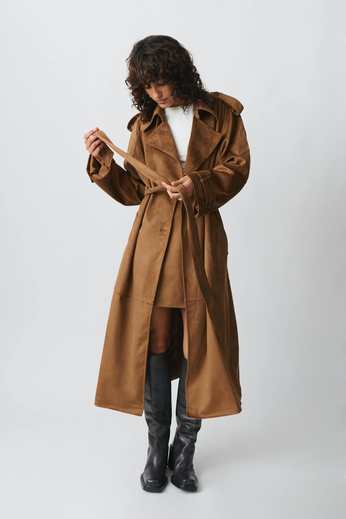 Faux suede trench coat - Marron