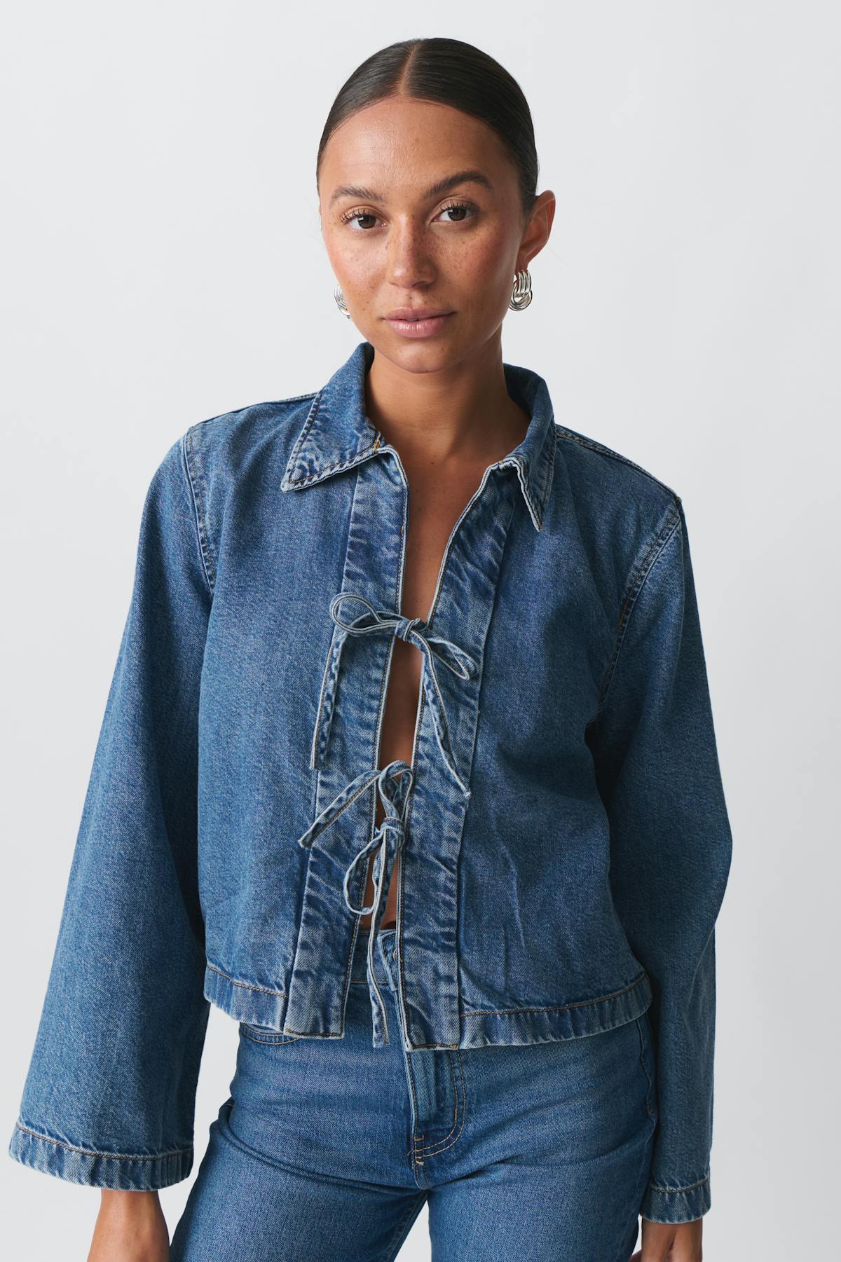 Front tie denim shirt - Gris clair