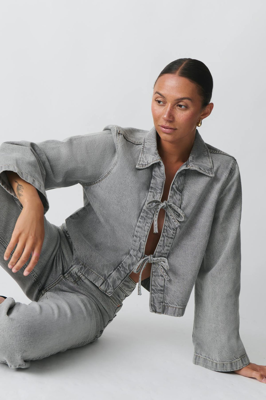 Front tie denim shirt - Gris clair