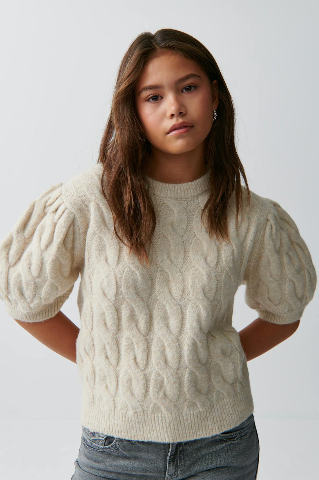 y puff sleeve kn top - Oat melange