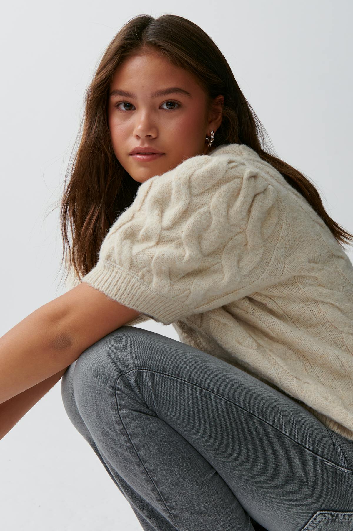y puff sleeve kn top - Oat melange