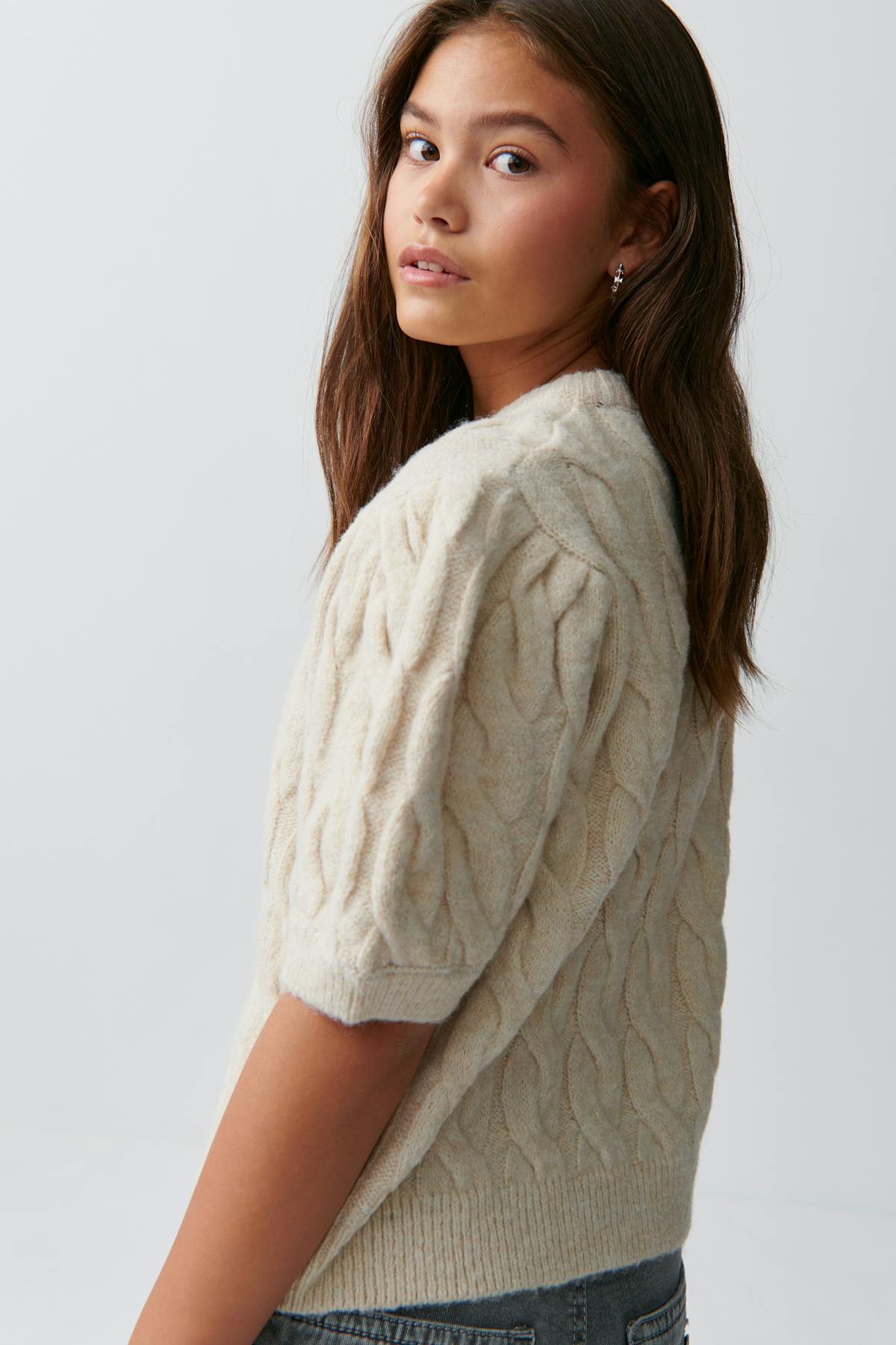 y puff sleeve kn top - Oat melange