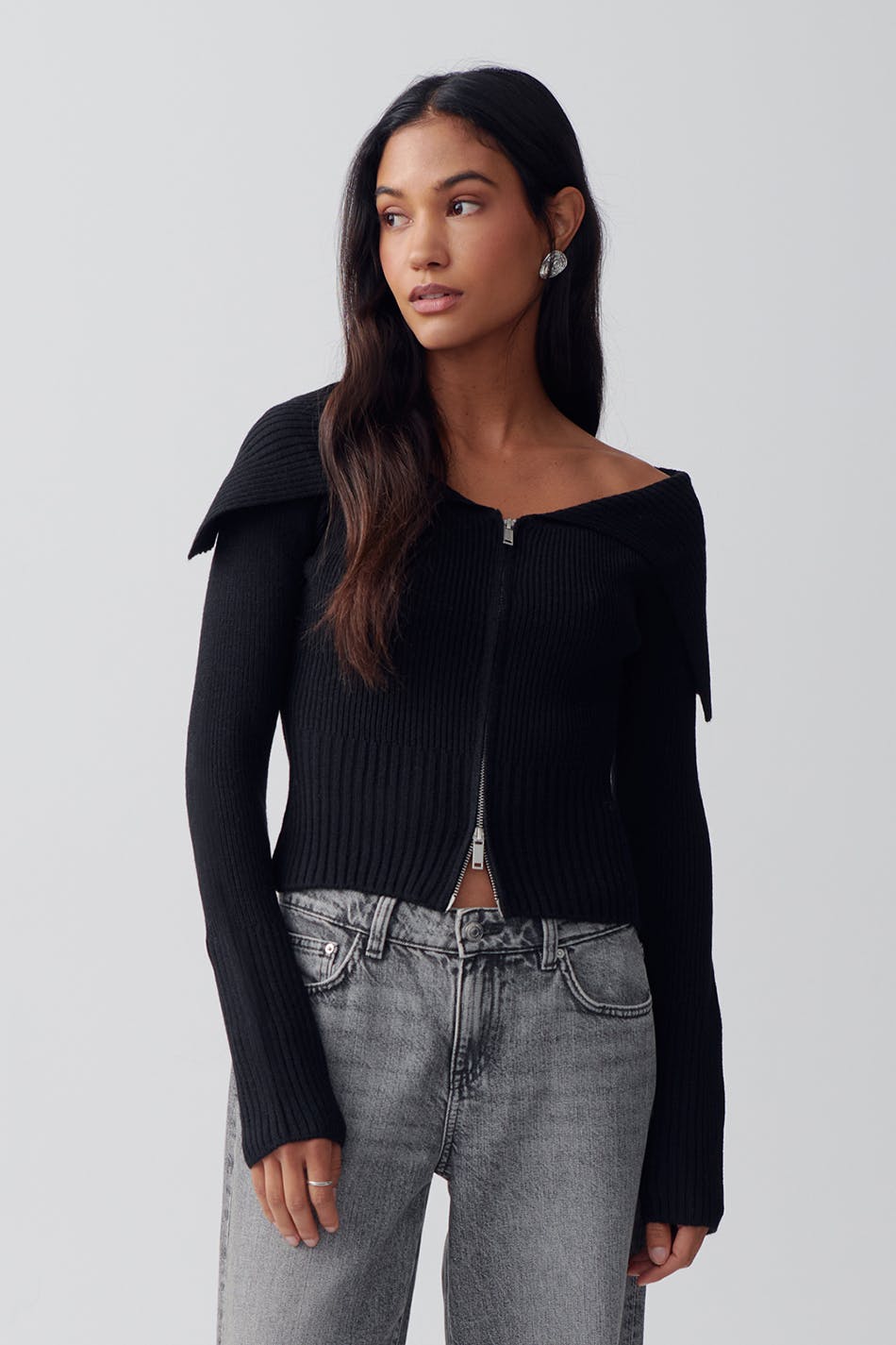 Knitted zip collar cardigan - Noir