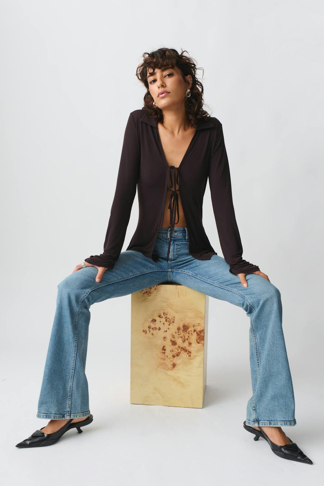 Tie front jersey shirt - Marron