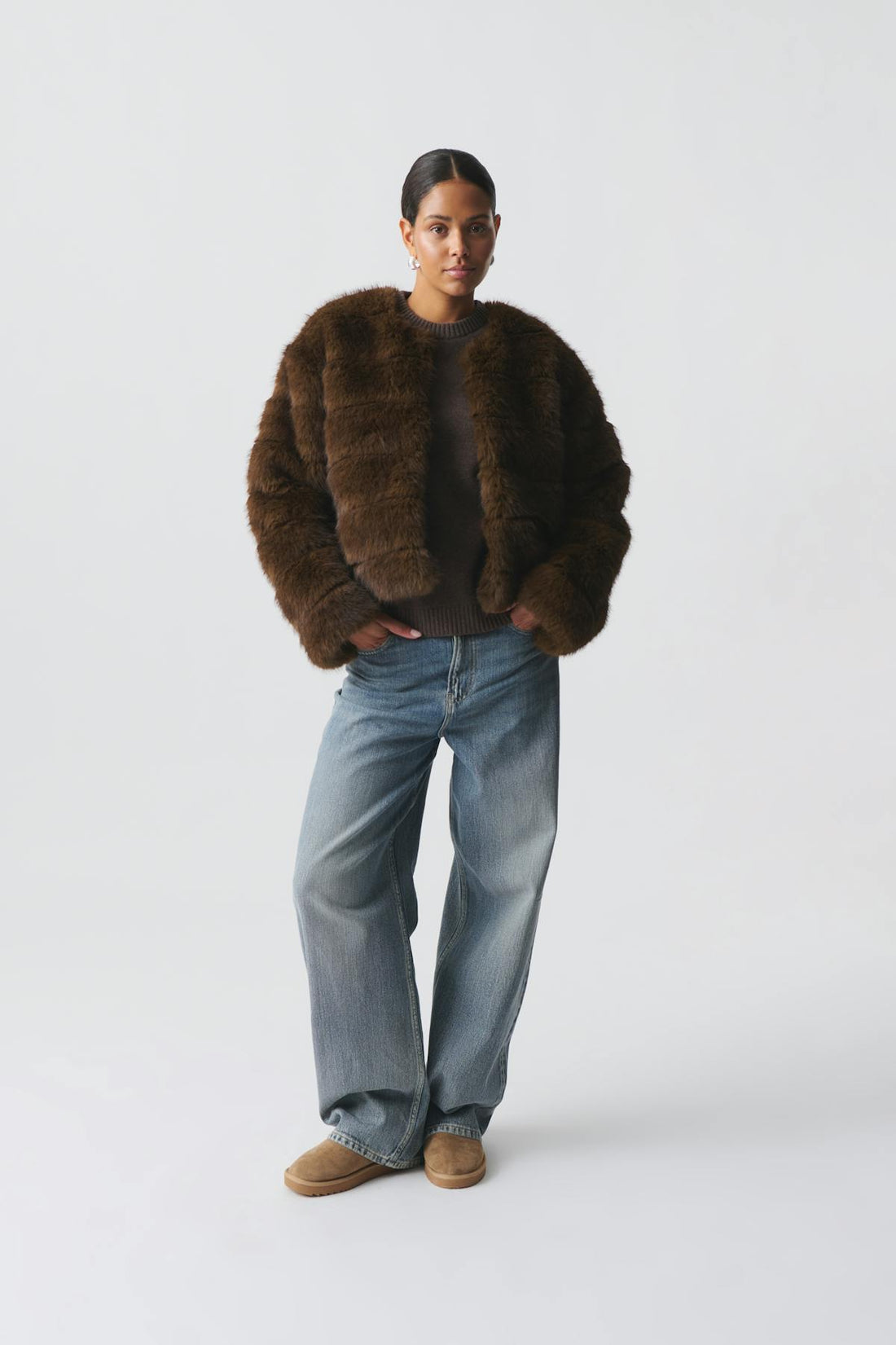 Faux fur short jacket - Marron