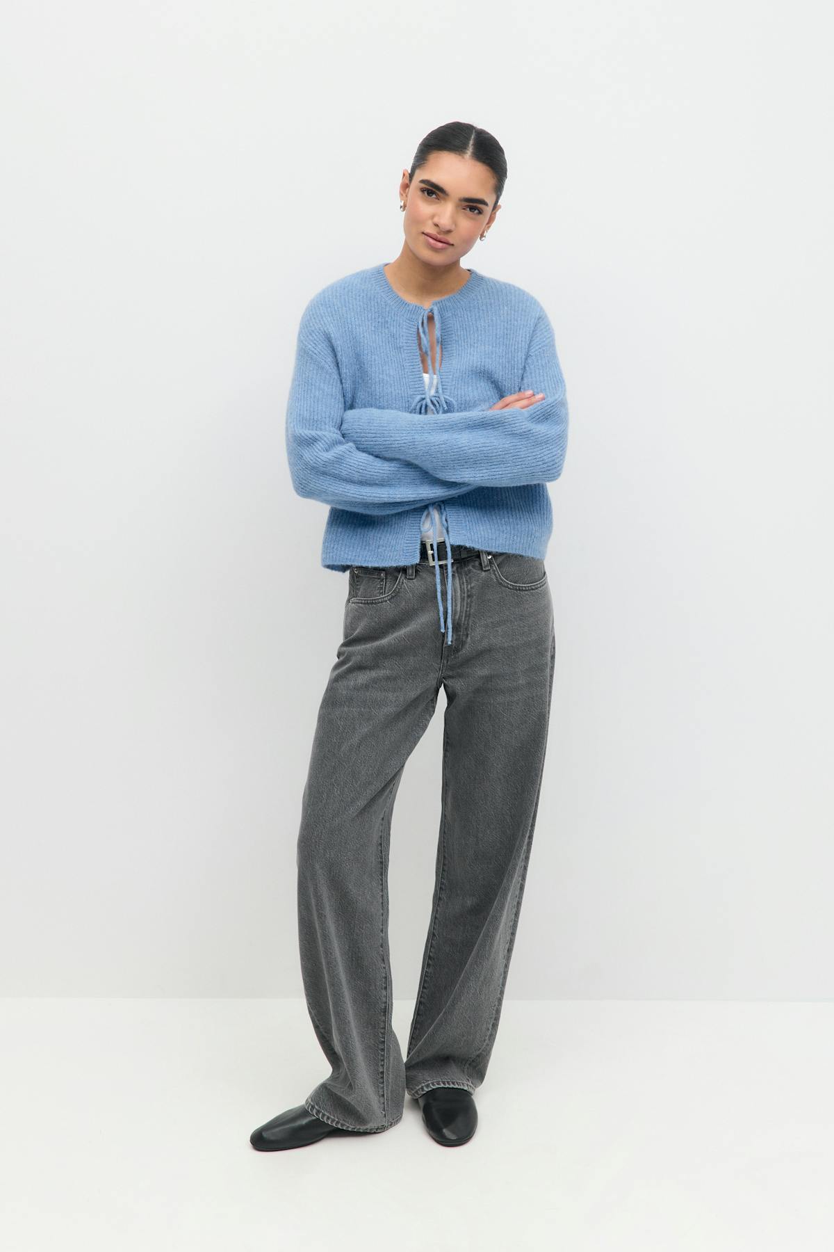 knitted tie cardigan - Dk grey melange