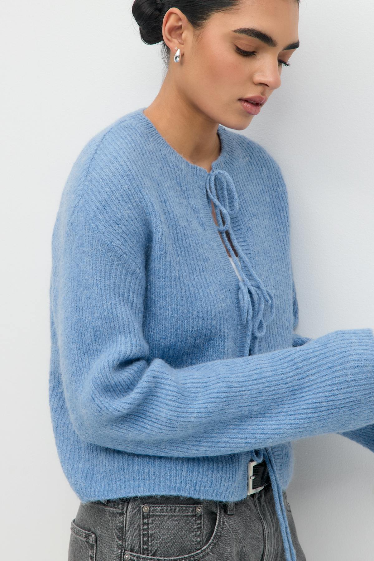 knitted tie cardigan - Dk grey melange