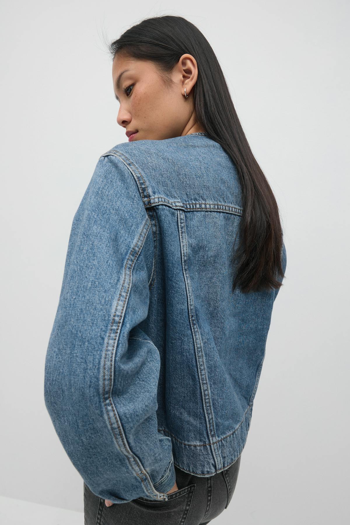 Collarless denim jacket - Mid blue