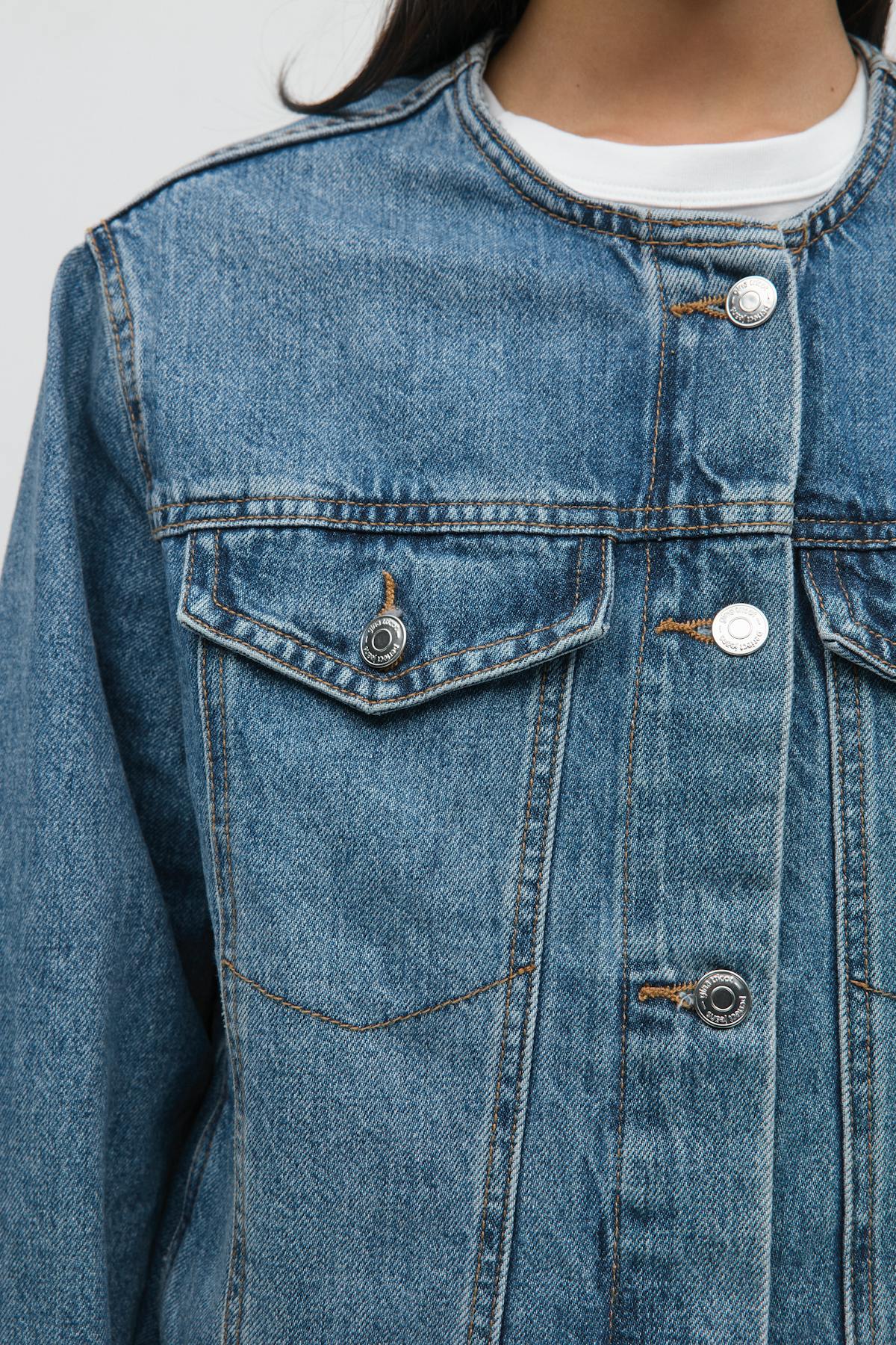 Collarless denim jacket - Mid blue