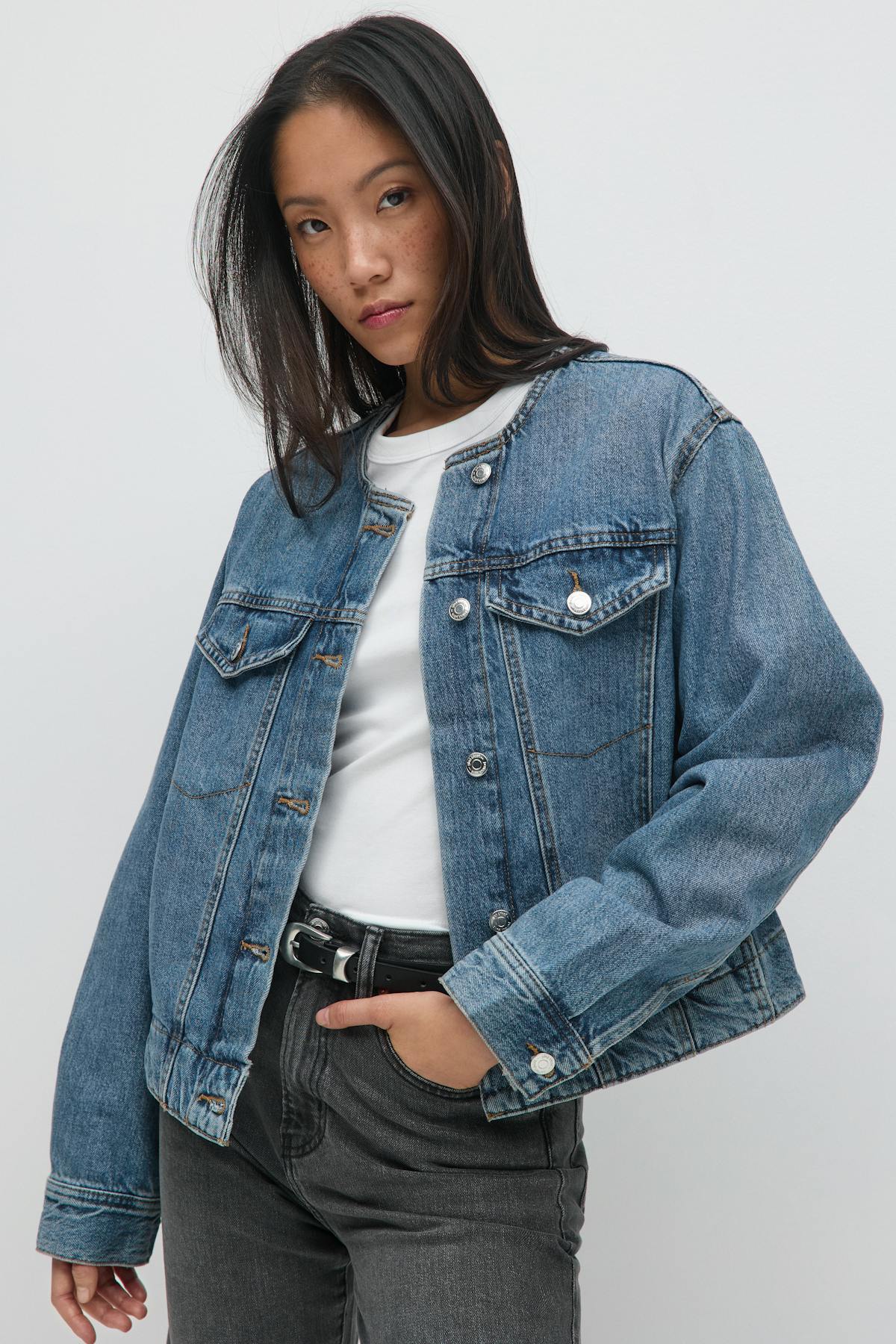 Collarless denim jacket - Offblack