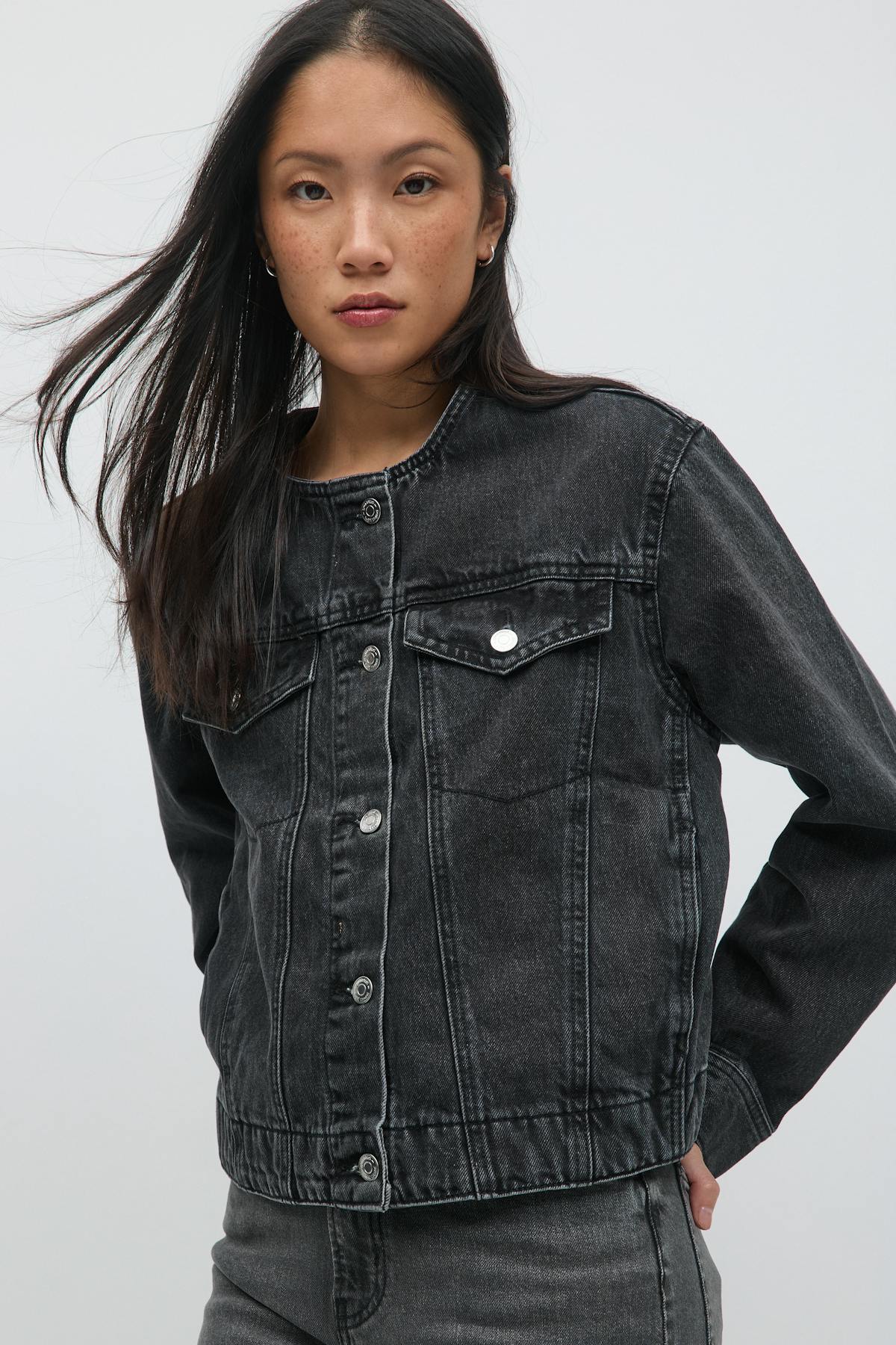 Collarless denim jacket - Offblack