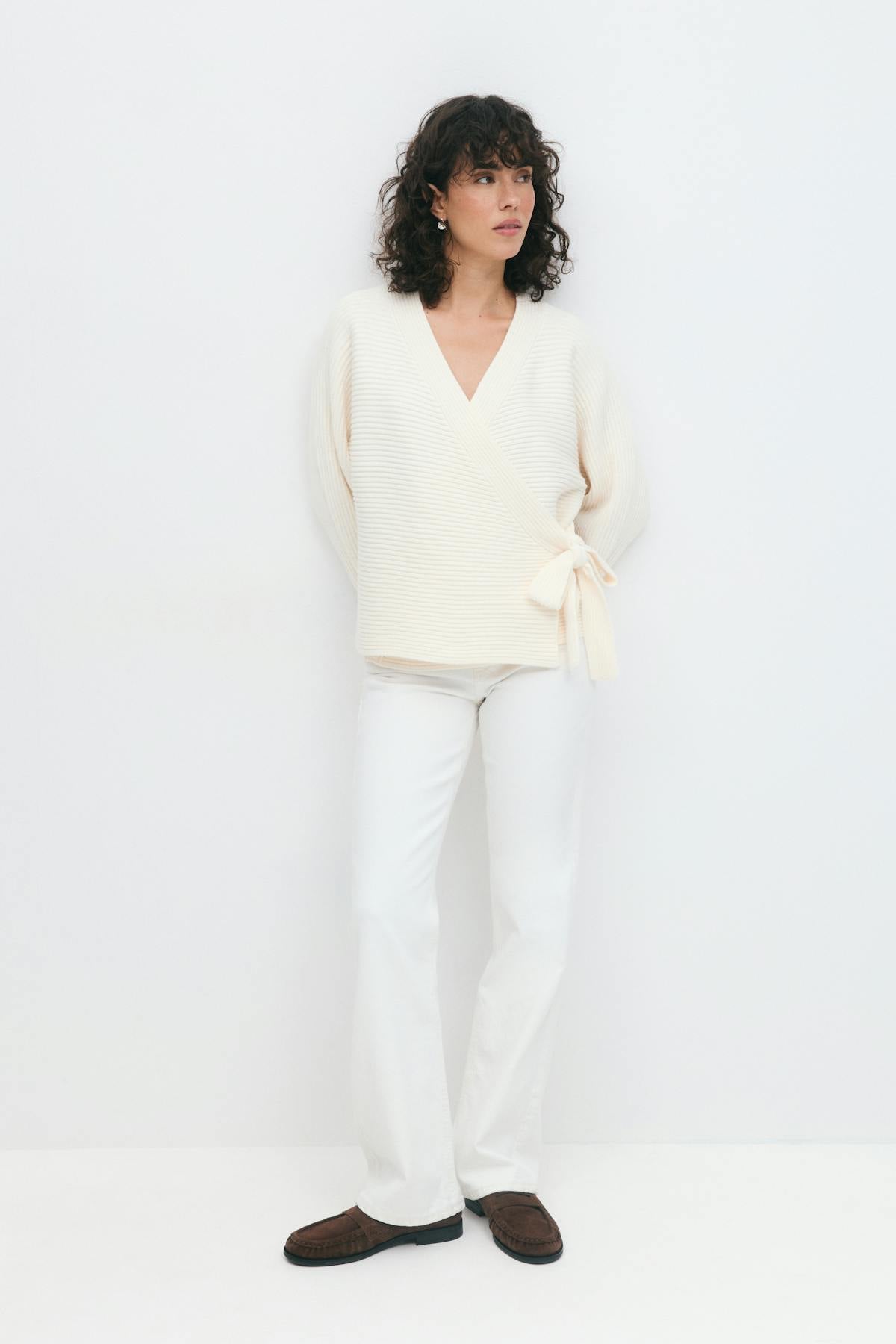 Chunky knitted wrap cardigan - Crème