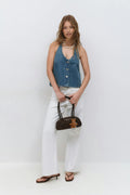 Tie back denim vest - Mid blue