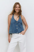 Tie back denim vest - Mid blue
