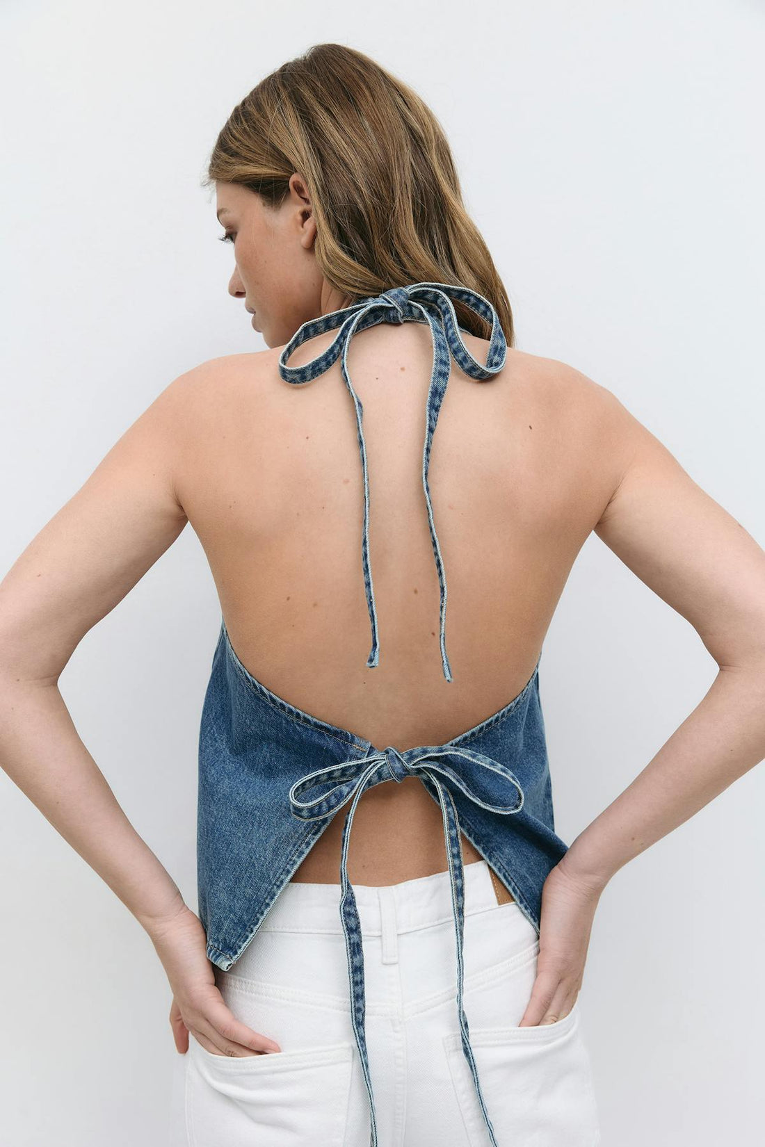 Tie back denim vest - Mid blue