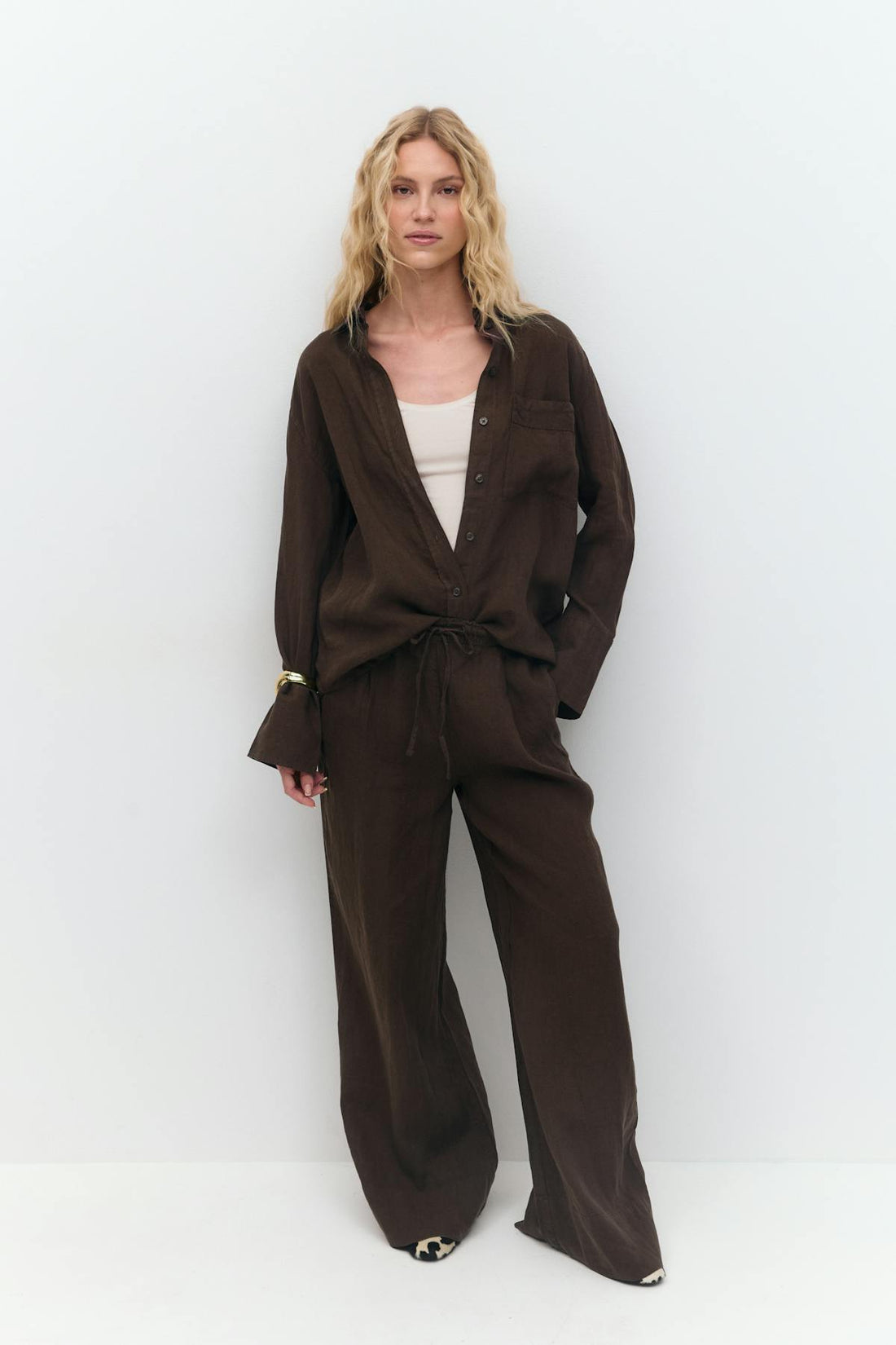 Wide linen trousers - Marron foncé