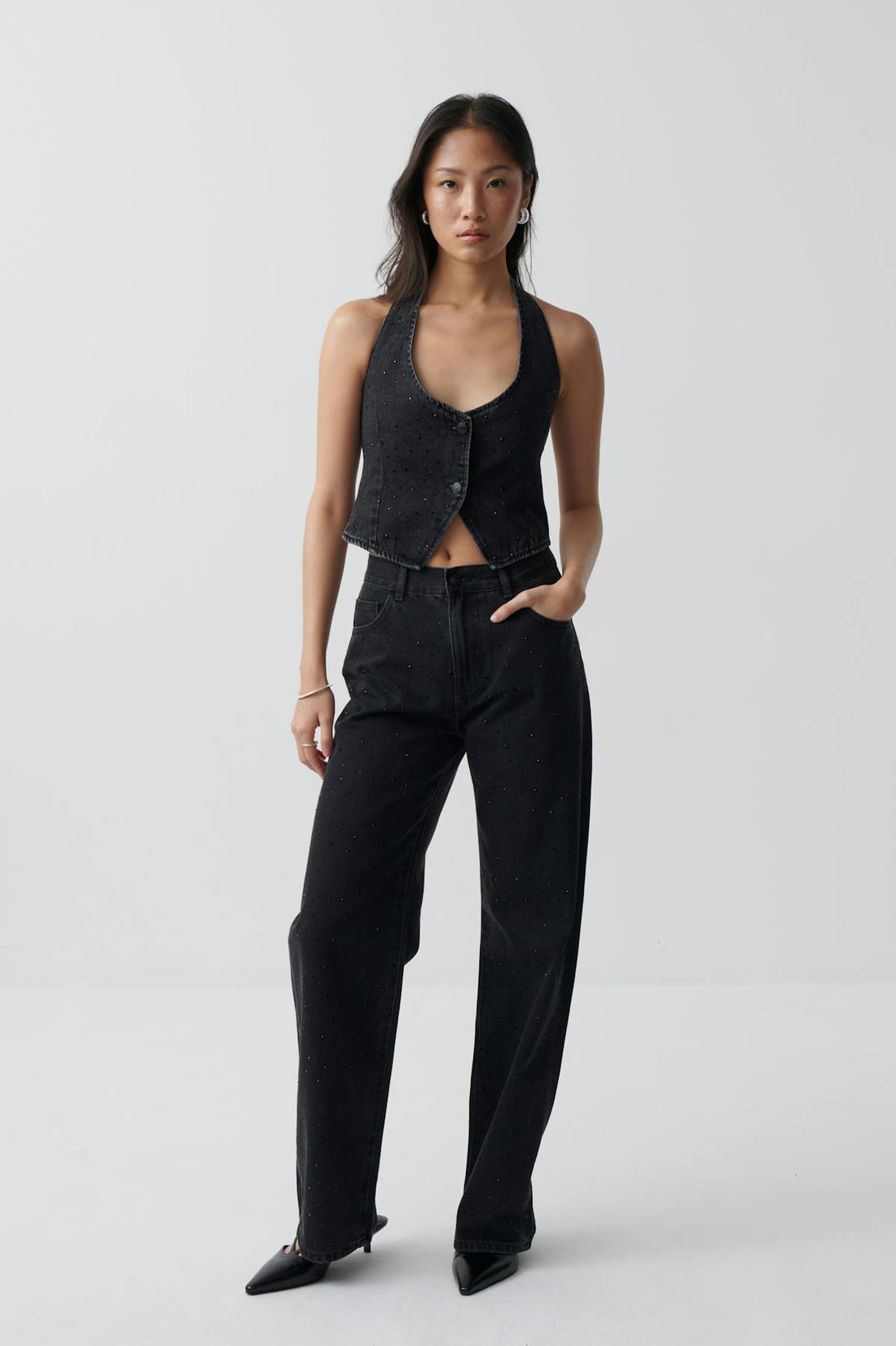 Rhinestone denim vest - Offblack