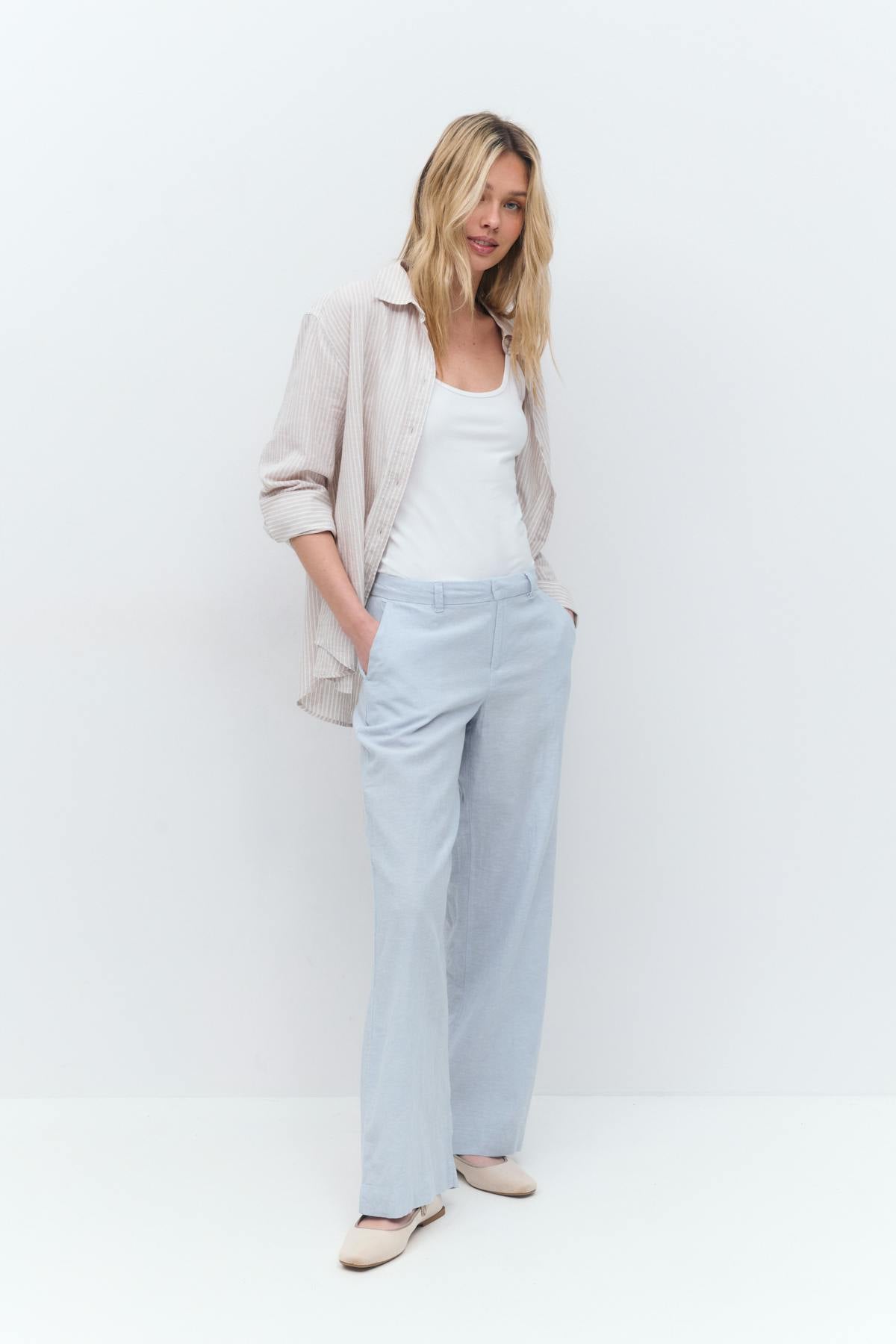Wide linen blend trousers - Grey stripe