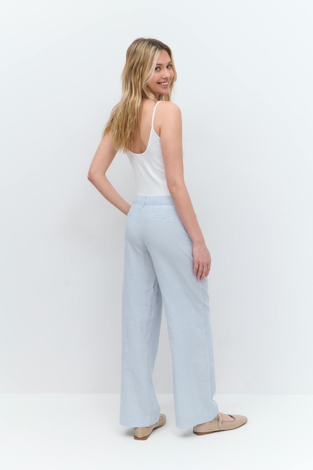 Wide linen blend trousers - Grey stripe
