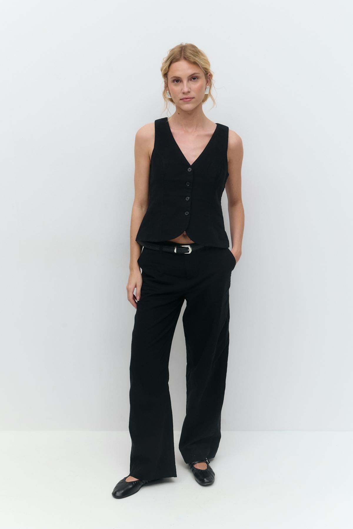Wide linen blend trousers - Noir