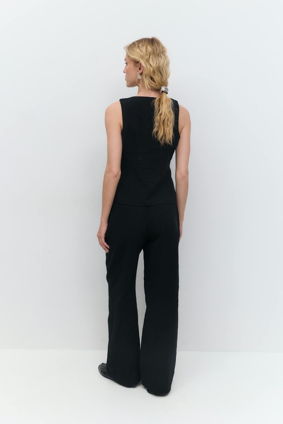 Wide linen blend trousers - Noir