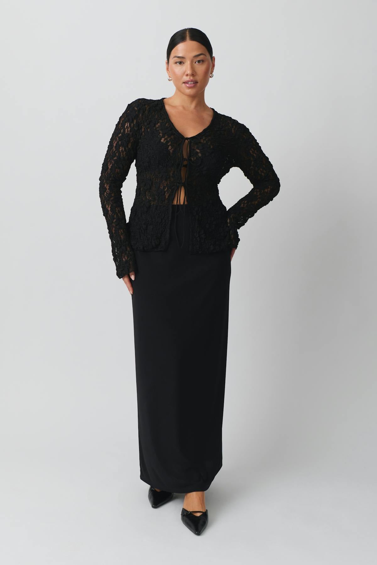 Lace tie front top - Noir