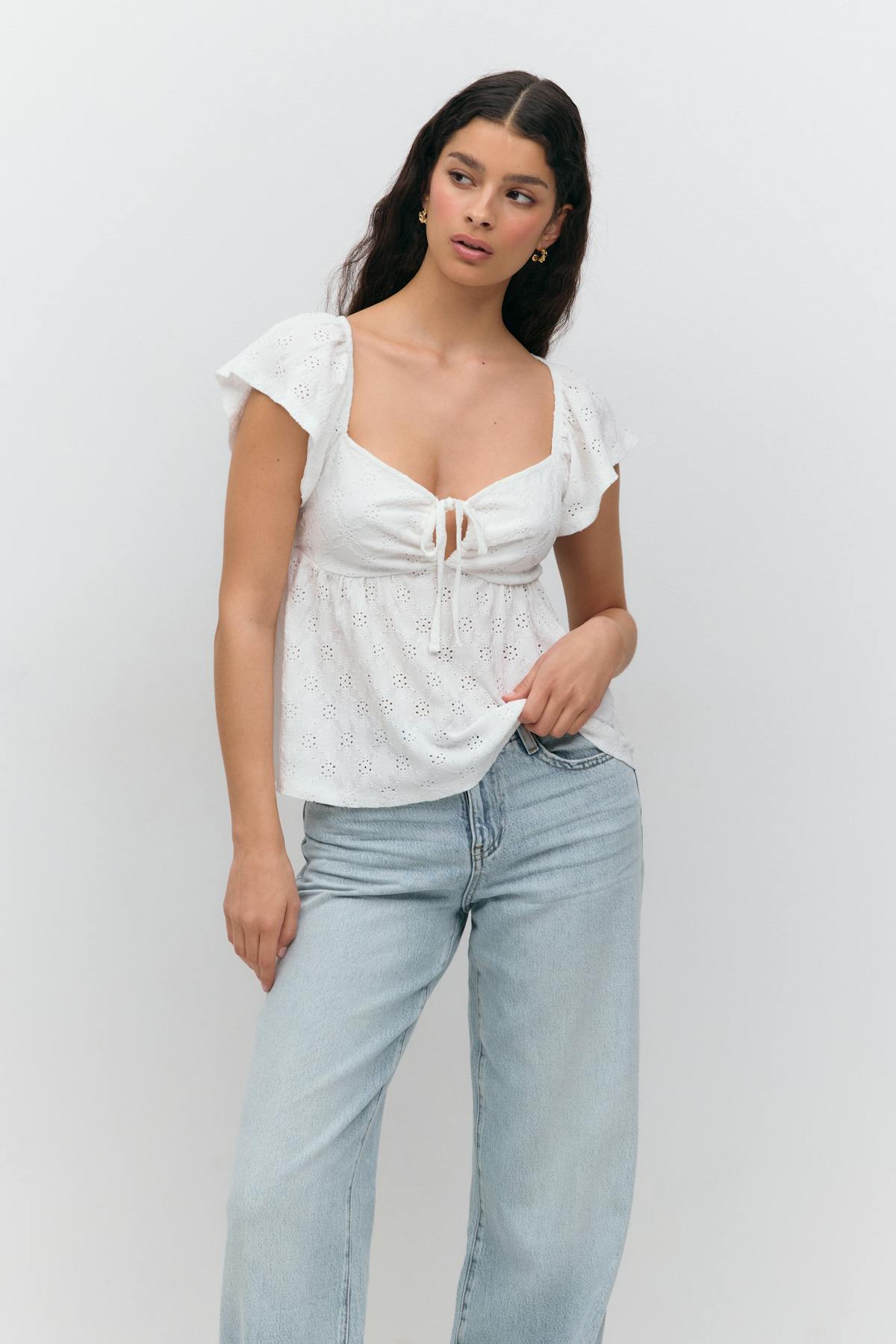 Front tie frill top - Blanc cassé