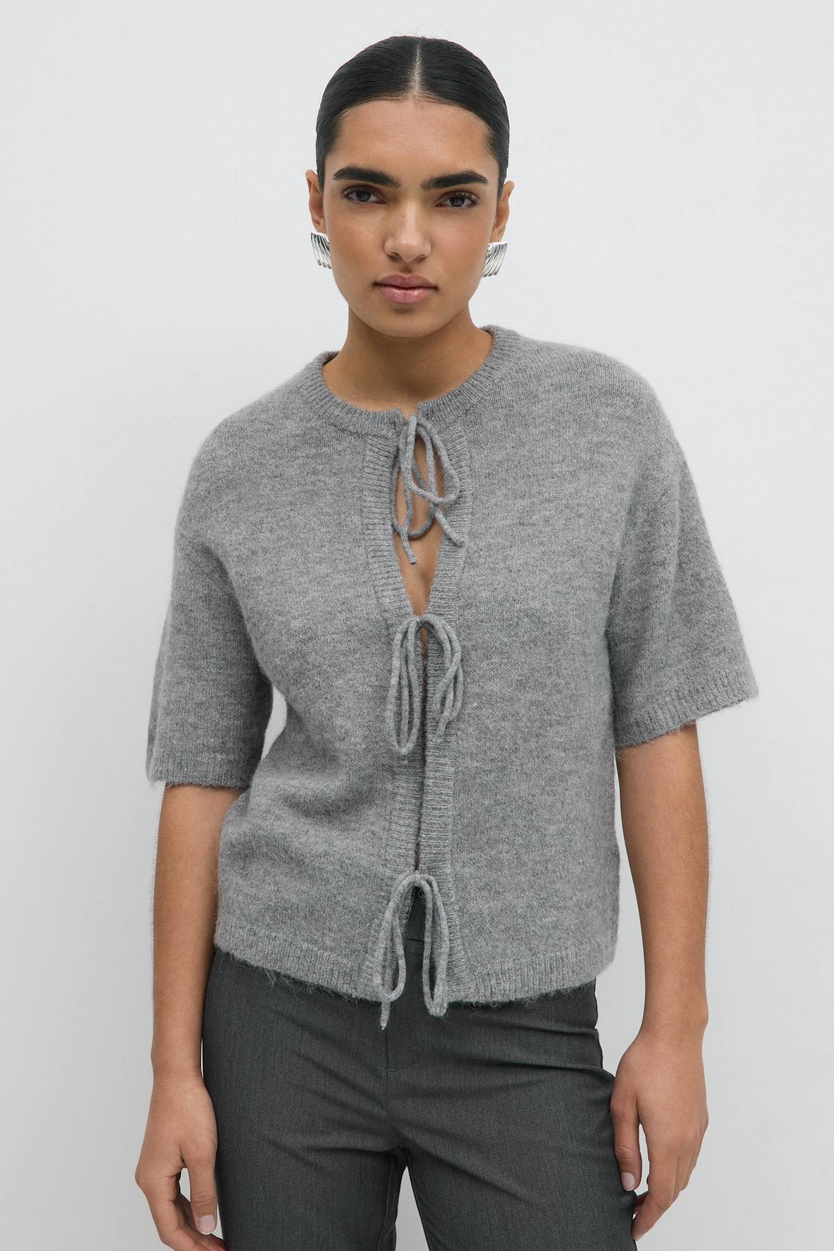 knitted tie cardigan - Lt grey melange