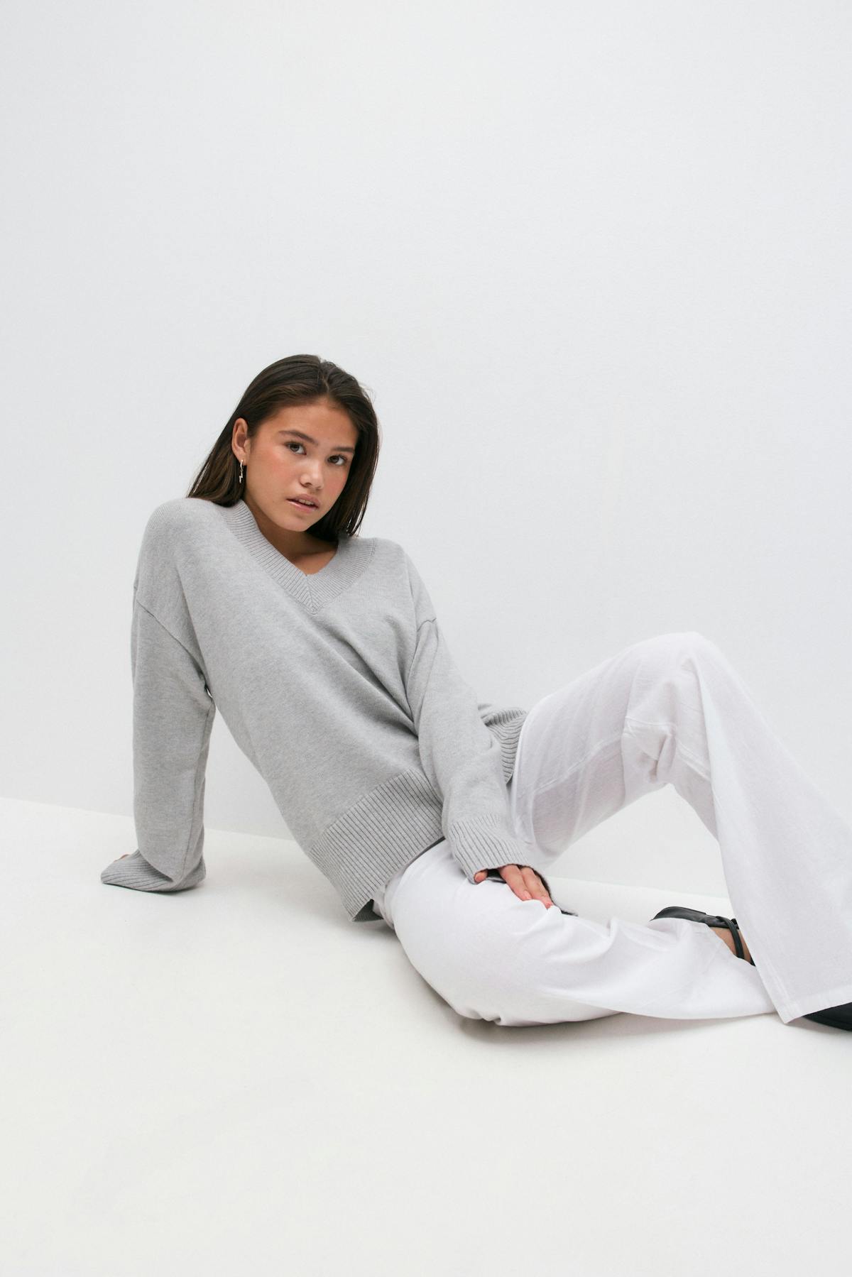 Y knit v-neck sweater - Lt grey melange