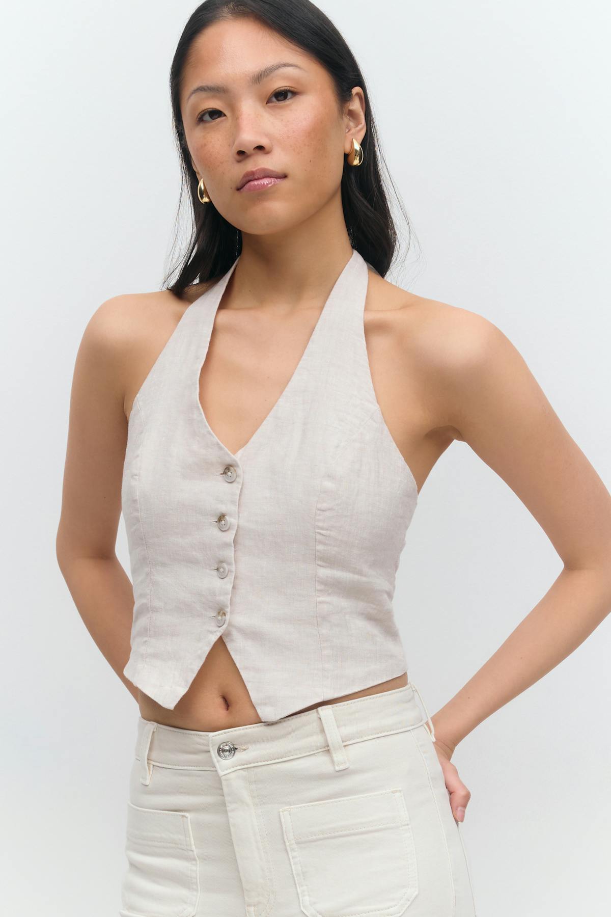 Linen halterneck vest - Lt linen beige