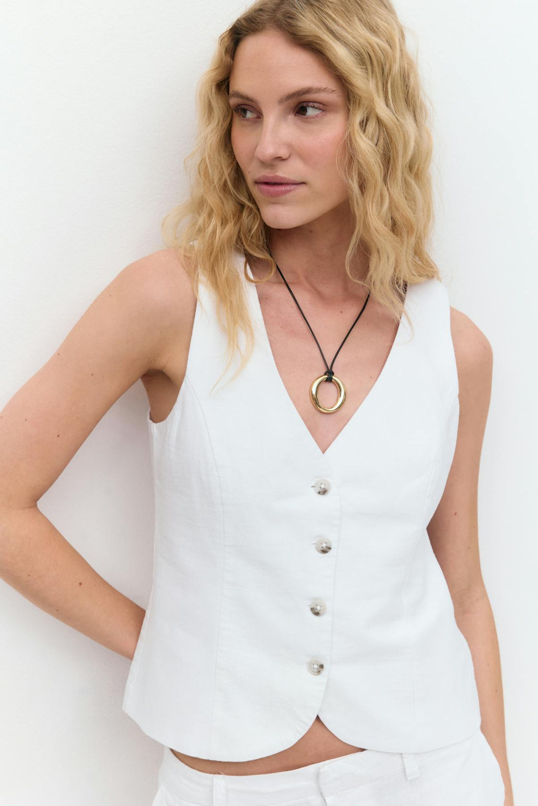 Linen blend tailored vest - Blanc