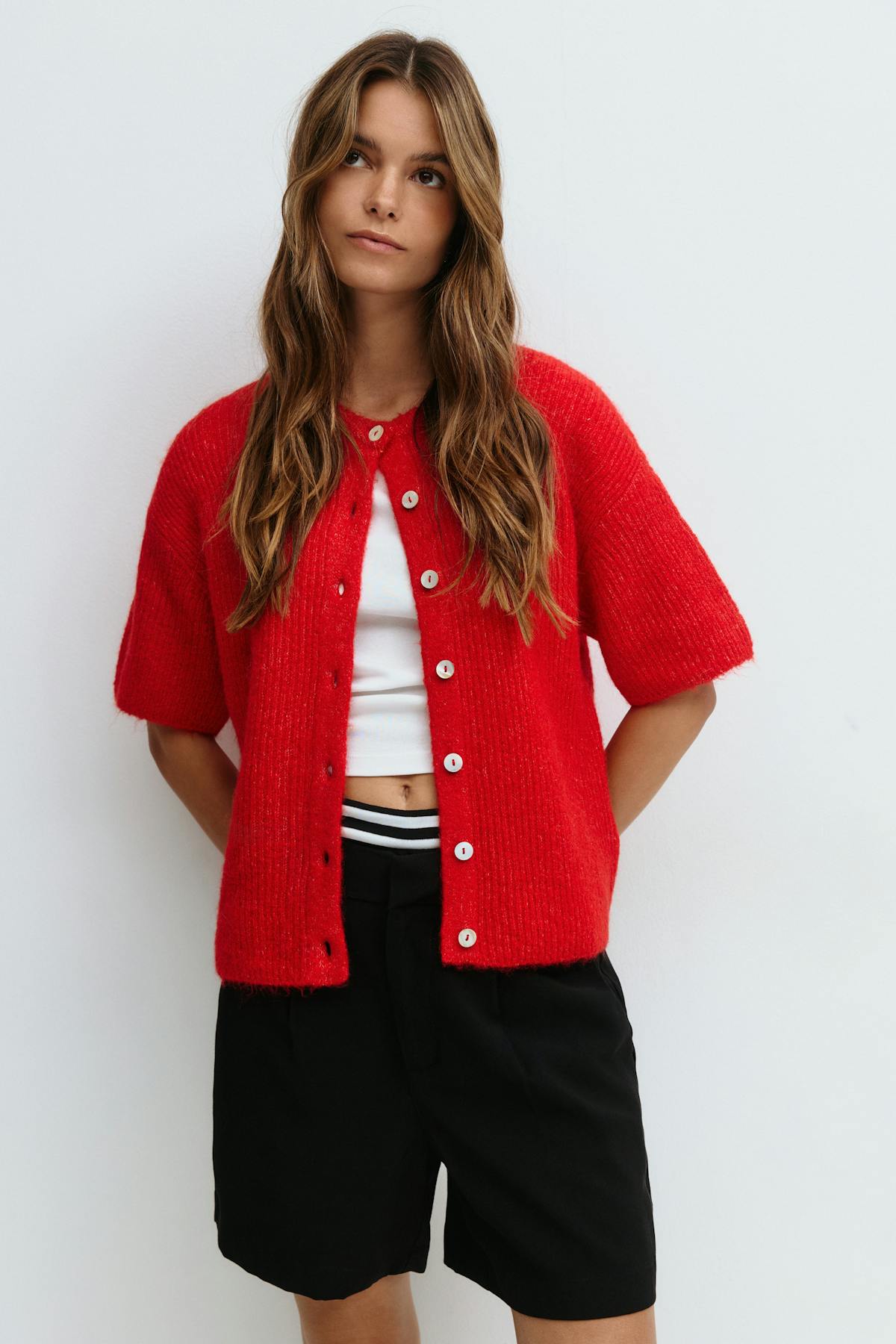 Short sleeve knitted cardigan - Lt grey melange